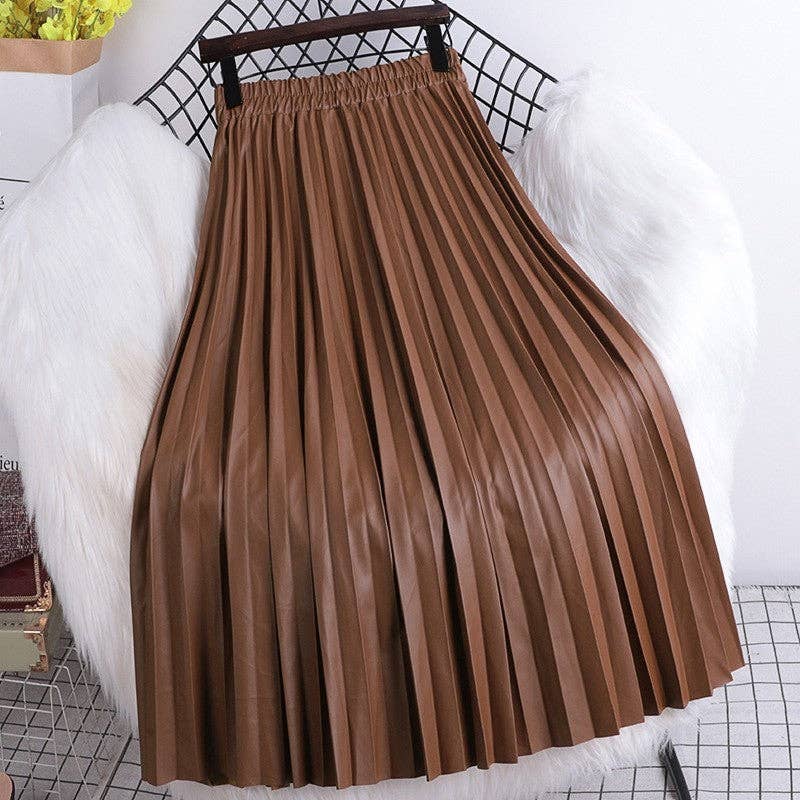 High Waisted Elastic A-Line Pleated PU Leather Mini Skirt