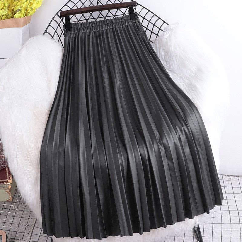 High Waisted Elastic A-Line Pleated PU Leather Mini Skirt