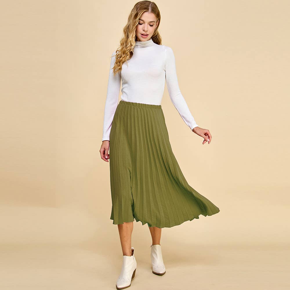 Pleated Midi Skirt: Olive / M