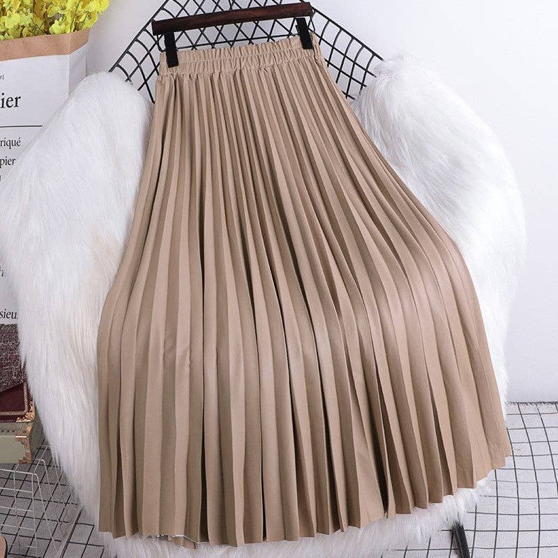 High Waisted Elastic A-Line Pleated PU Leather Mini Skirt