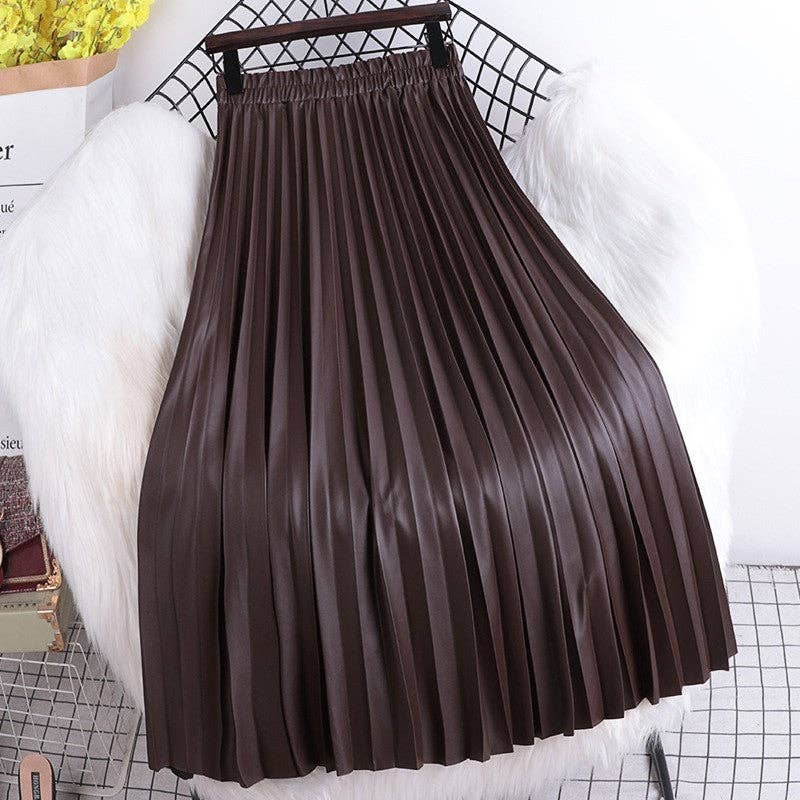 High Waisted Elastic A-Line Pleated PU Leather Mini Skirt