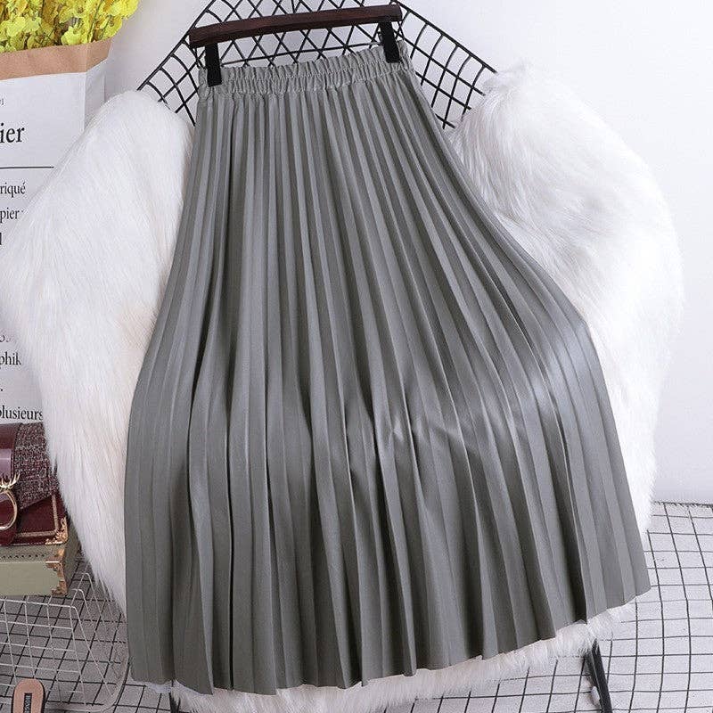 High Waisted Elastic A-Line Pleated PU Leather Mini Skirt